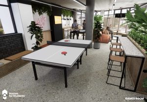 The Printworks Exeter student accommodation CGI showing games room designed by Inspired Projects The Printworks Exeter student accommodation CGI showing games room designed by Inspired Projects