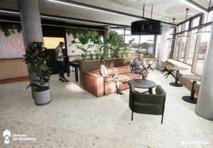 The Printworks Exeter student accommodation CGI showing games room designed by Inspired Projects The Printworks Exeter student accommodation CGI showing games room designed by Inspired Projects