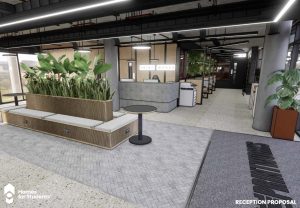 CGI The Printworks Exeter student accommodation refurbishment by Inspired Projects featuring modern reception The Printworks Exeter student accommodation refurbishment CGI by Inspired Projects featuring modern reception