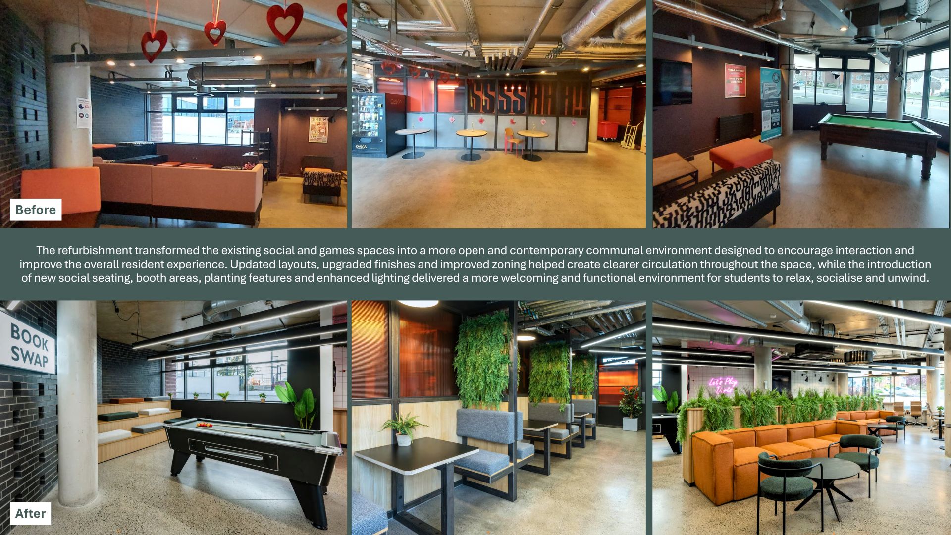 Before and after of the games room and study space at The Printworks Exeter student accommodation designed by Inspired Projects Before and after of the games room and study space at The Printworks Exeter student accommodation designed by Inspired Projects